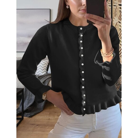Alljoin Women Black Long Sleeve Solid Knit Cardigan Casual Crewneck Sweater - Picture 7 of 7
